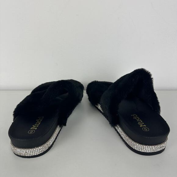 Mudd Womens Lauren Rhinestone Fuzzy Faux Fur Black Sandal Slide Slippers 36 - Picture 4 of 6